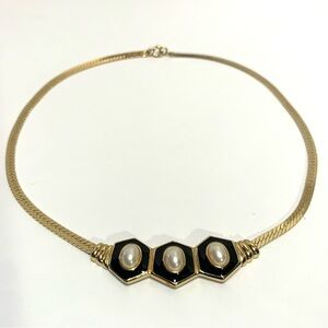 VTG 80s Trifari Gold Tone Serpentine Necklace Choker Black Back Faux Pearl Signd